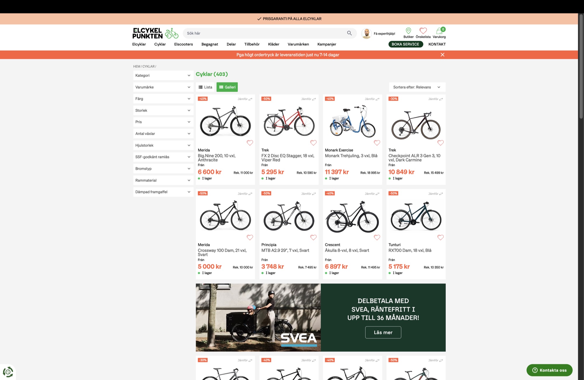 Elcykelpunktens köpflöde i produktion — kategorisida med filtrering, 403 cyklar