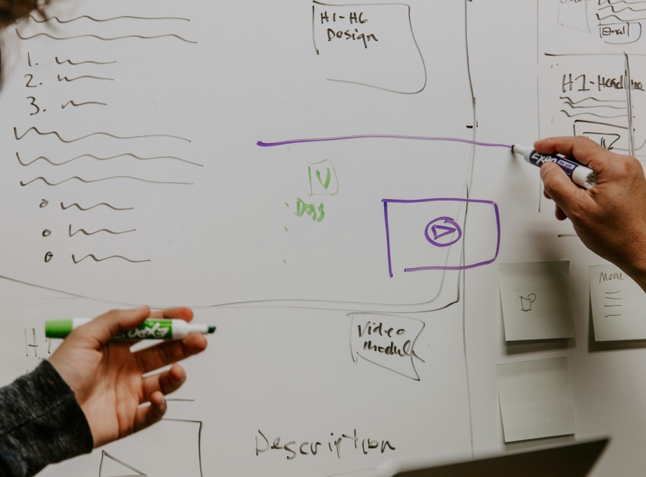 Två personer skissar en webbsidas layout på en whiteboard med markörpennor och post-it-lappar